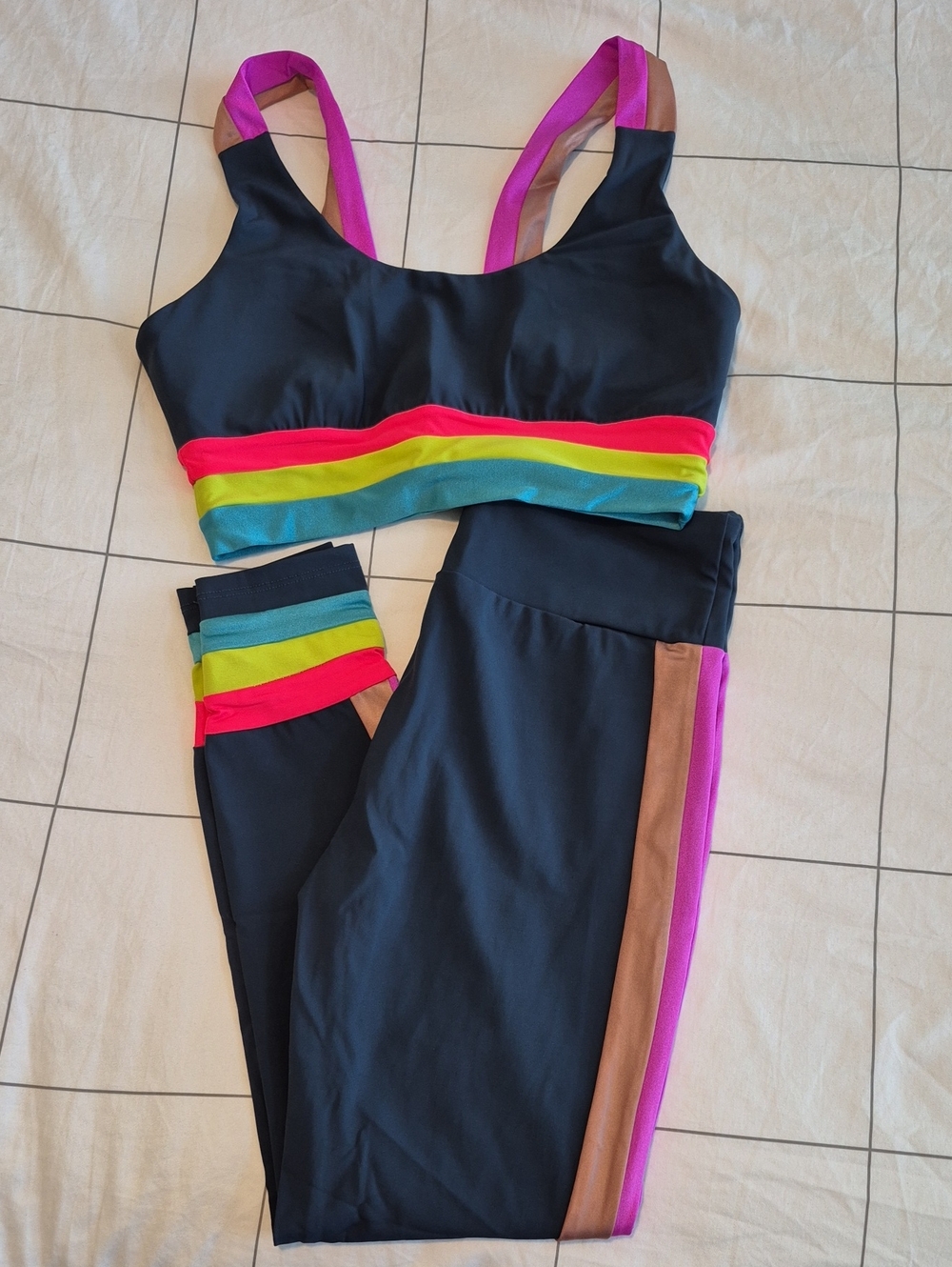 Navy Blue Multi-Stripe Women’s Top and Legging Set